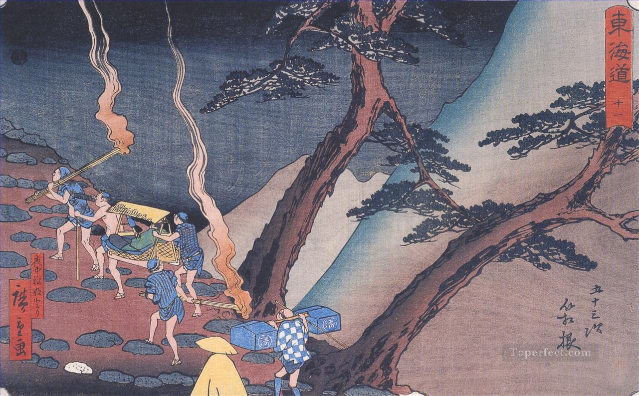 Viajeros por un sendero de montaña por la noche Utagawa Hiroshige Ukiyoe Pintura al óleo